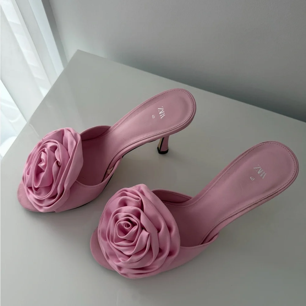 Zara | Satin Flower High Heel Slides - Picture 5 of 8